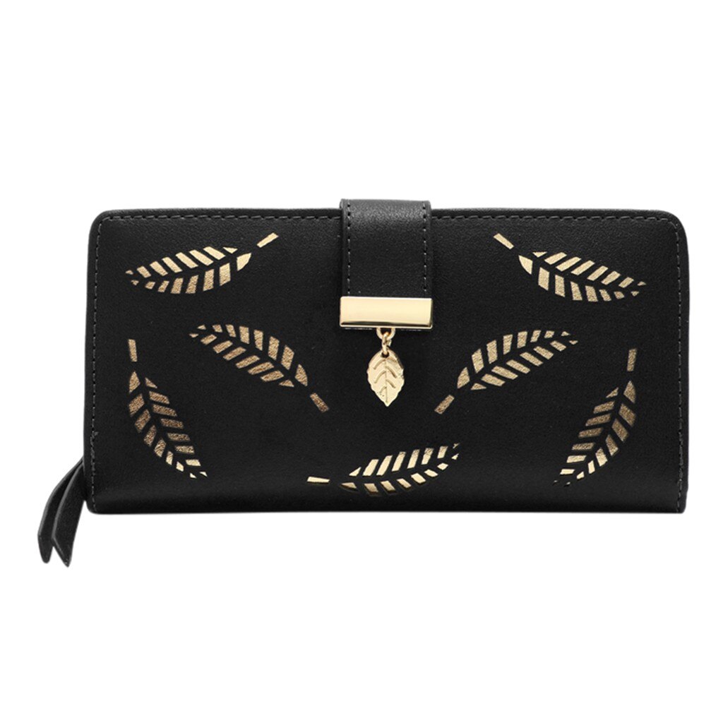 Vrouwen Portemonnee Pu Lederen Tas Vrouw Lange Wallet Gold Hollow Bladeren Pouch Handtas Voor Vrouwen Portemonnee Kaarthouders Clutch #14: Black
