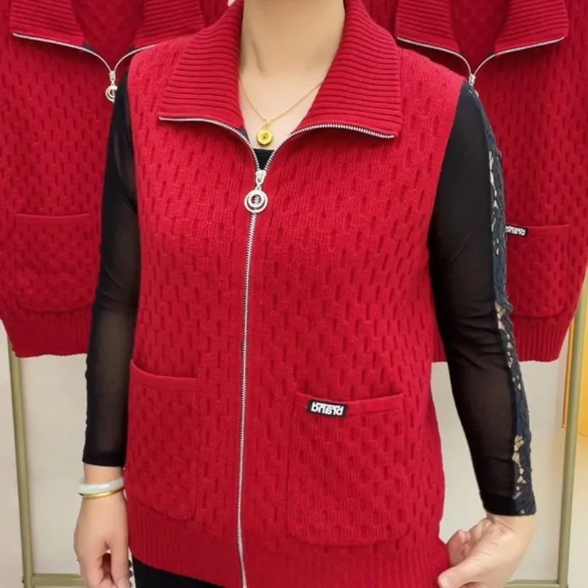 Morvest forår efterår revers strikket cardigan sweater frakke ensfarvet lynlås ærmeløs jakke damevest 5x