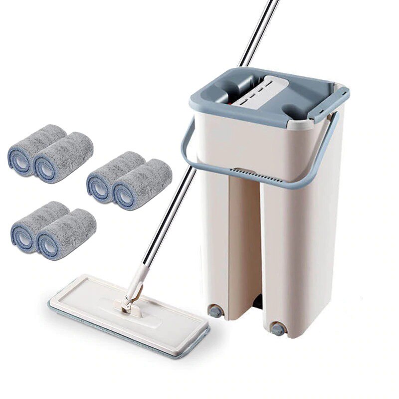 Free Hand Mop Flat Squeeze Magic Microfiber Cleaning Mops with Bucket Magic Automatic Home Kitchen Floor Cleaner: With 6pcs cloth
