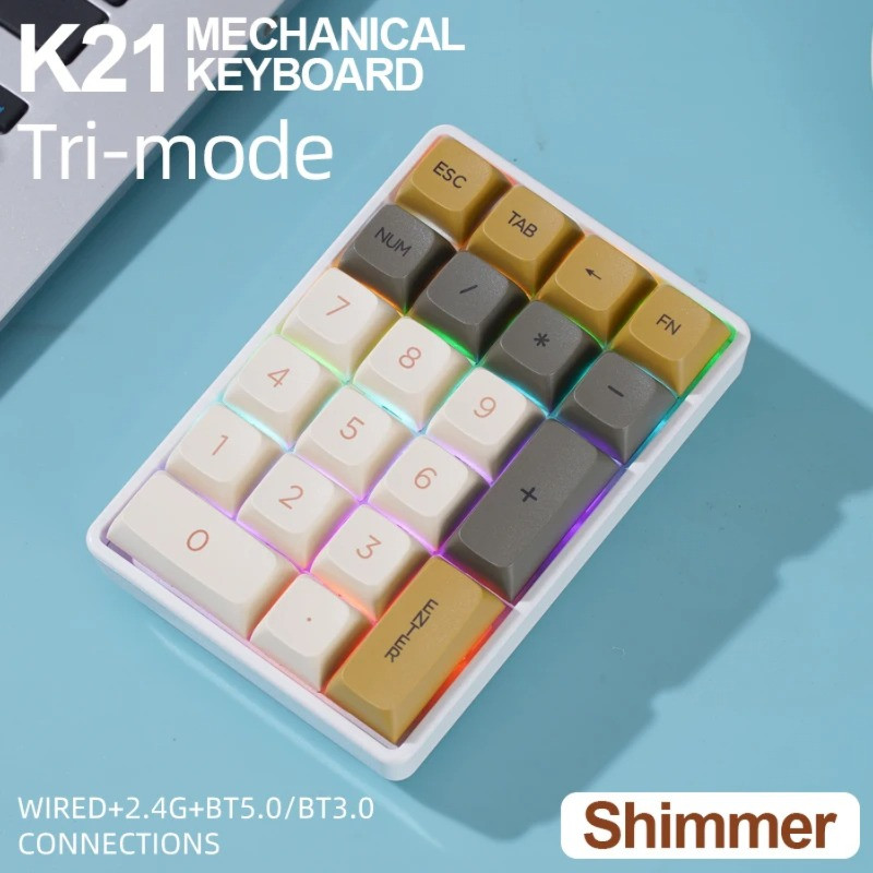 Tastiera meccanica wireless K21 a 21 tasti - Tri-Mode (BT/2.4G/USB-C), illuminazione RGB, sostituibile a caldo, compatta per PC/laptop: Anti Oro / Interruttore blu