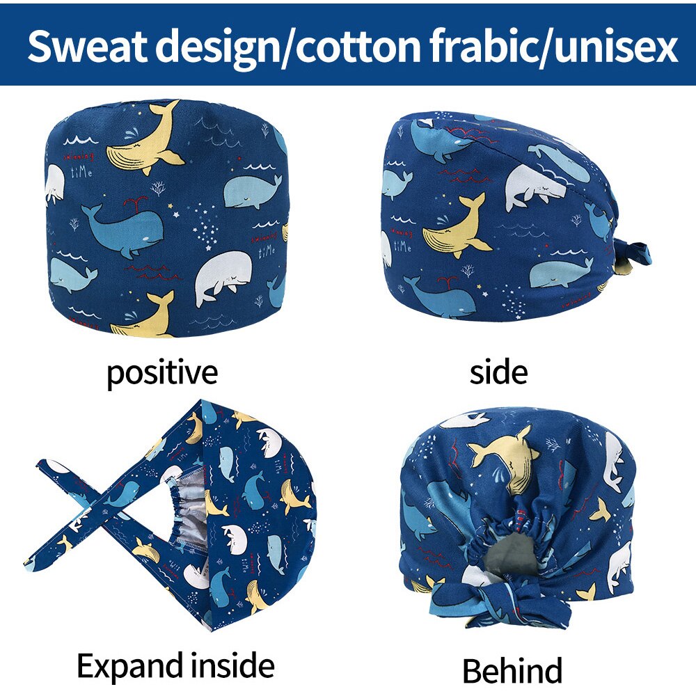 Cartoon print gezondheidscontrole werkmutsen met zweetabsorberende scrubs damesmutsen met knoop katoenen scrubmutsen voor dierenwinkels