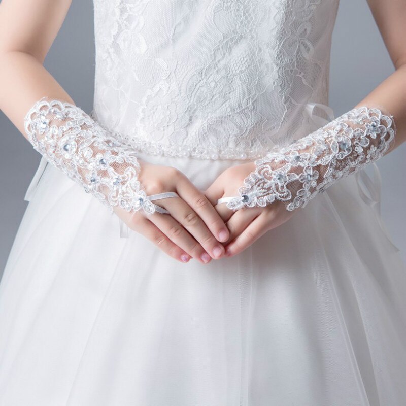 Blanco niñas princesa guantes niñas vestido guante encaje diamante rendimiento fotografía boda accesorios niños cumpleaños