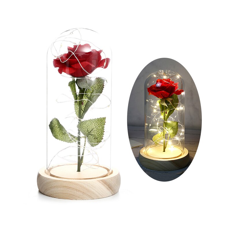 Skønhed og udyr rose i kolbe led rose blomst lys sort base glas kuppel bedst til mors dag fødselsdag valentinsdag: Stil 06