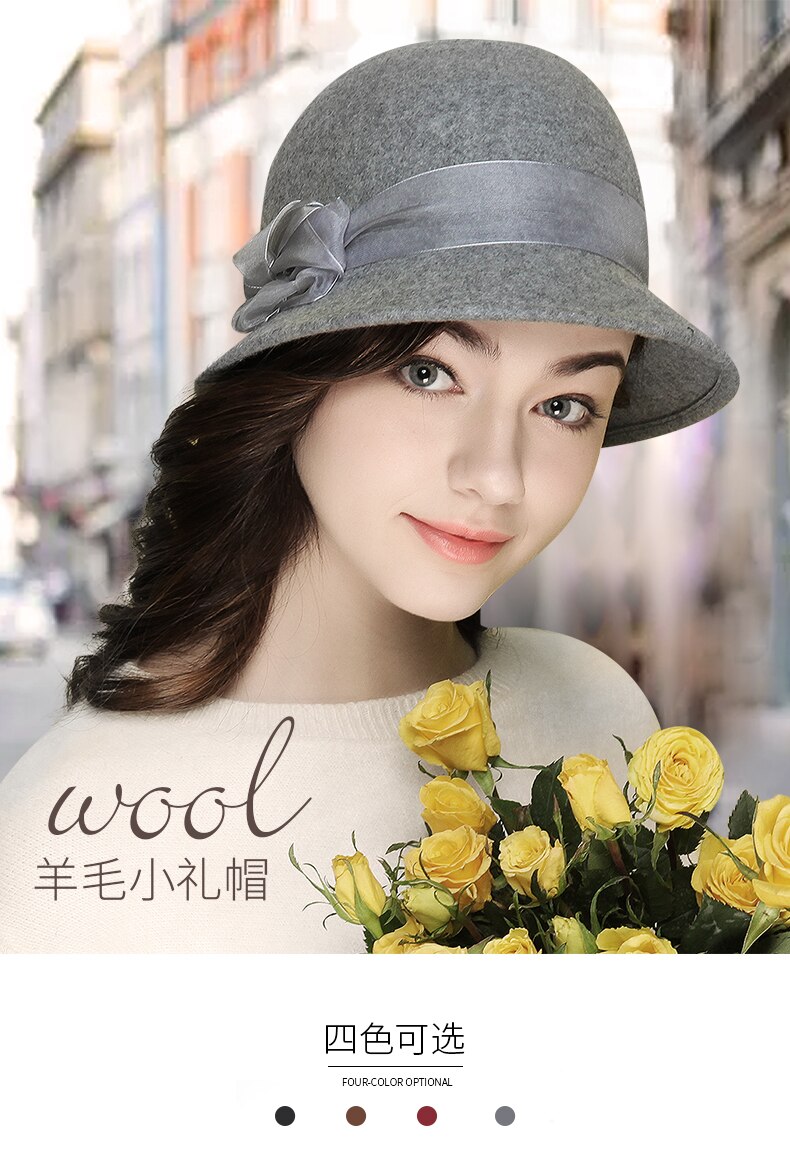 Lady Fedoras Hat Girls British Style Dome Hat Female Woolen Cap Shaped Winter Warm Cap British Leisure Cap B8676