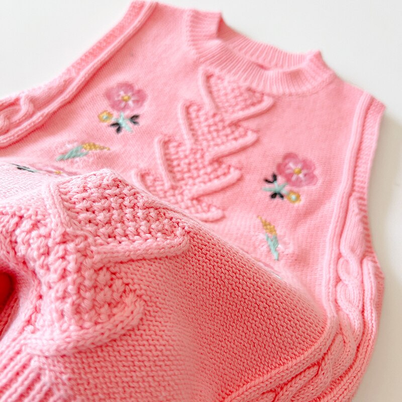 Pulls de Style coréen pour enfants, pull tricoté, hauts pour bébés filles, gilet tricoté, sans manches, broderie de fleurs, printemps automne