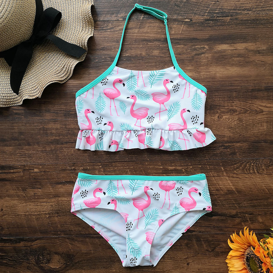 3-12 vuotta lapset uimapuvut flamingo print tyttö uimapuku riimu top tyttö bikini set falbala 2 kpl lasten uimahousut rantaasut