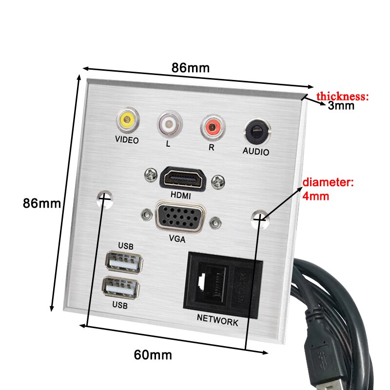 Wall Desktop Extension Cord Socket Aluminum Alloy Panel VIDEO L R AUDIO HDMI VGA USB RJ45/SC Optical Fiber/TV/BNC Connector