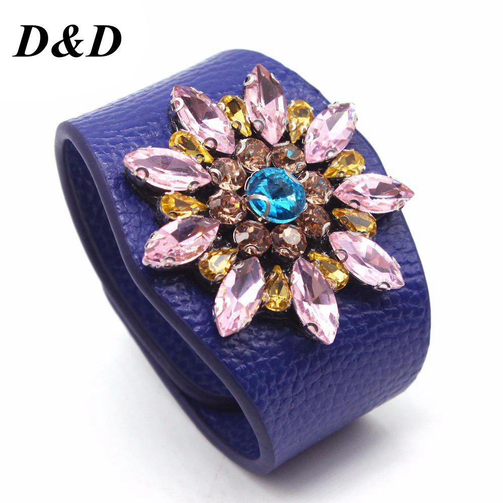 D&amp;D European Punk Wide Crystal flowers Leather Bracelets &amp; Bangles for Women Cuff Bracelet Statement Jewelry