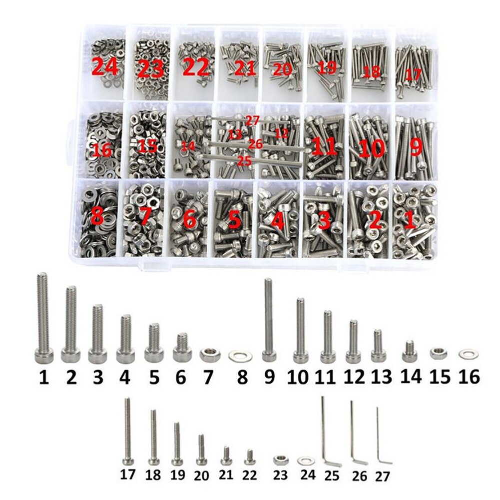 1080pcs M2 M3 M4 Hex Socket Head Cap Screw Nuts and Bolts Assortment Kit Set 304 Stainless Steel with Storage Box: Default Title