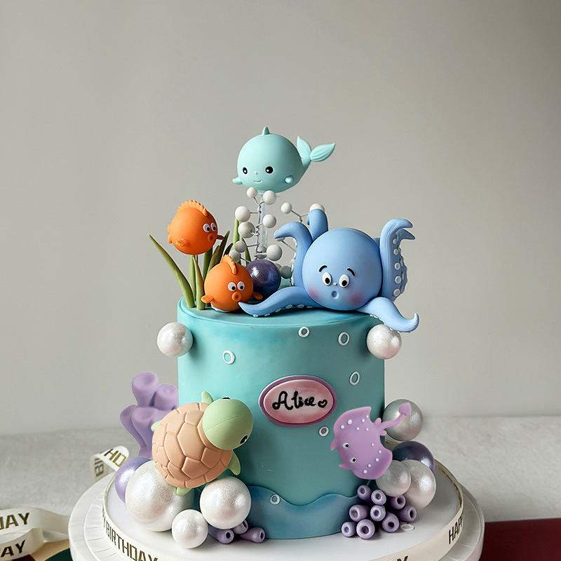 Décoration de gâteau océan poulpe, tortues, baleines, Poofish, rayons Manta pour enfants, décoration de gâteau de fête d'anniversaire, de réception pour bébé
