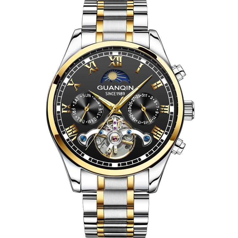 GUANQIN-Reloj de GJ16149-Men, Tourbillon automático, mecánico, resistente al agua 30M, con caja de acero inoxidable luminosa: Gold black