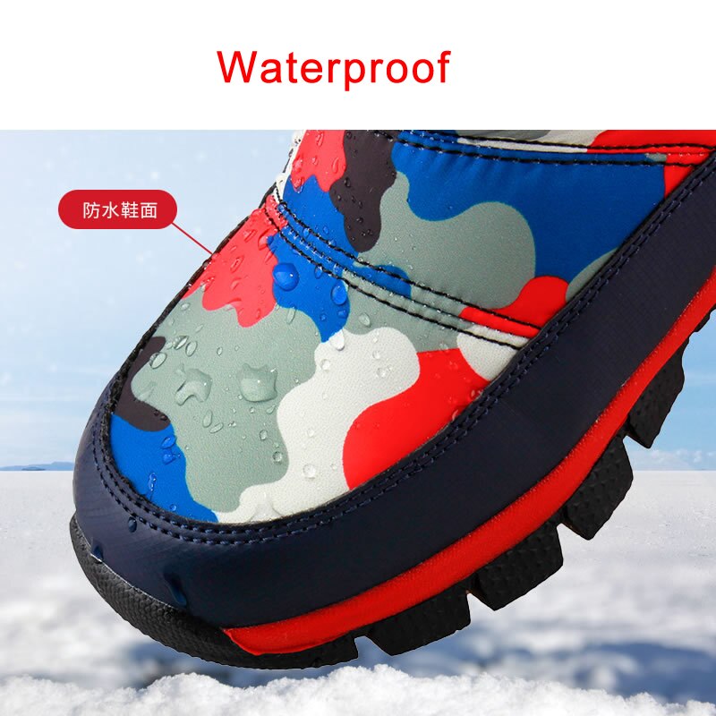 Kinderen waterdichte sneeuwlaarzen winter camouflage antislip stijgijzers platform laarzen voor meisjes jongens kinderen halfhoge pluche warme schoenen