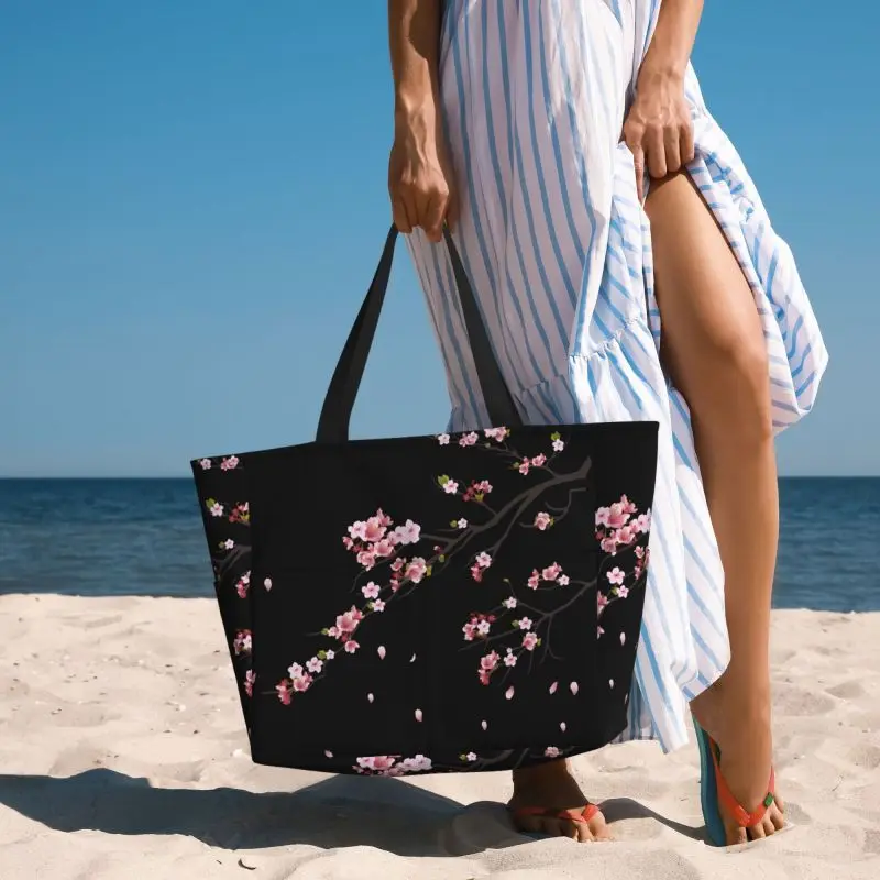 Grote strandtas met japanse sakura-kersenbloesems voor dames, waterdicht en zandbestendig, met ritssluiting, ideaal voor het zwembad, de sportschool en op reis.