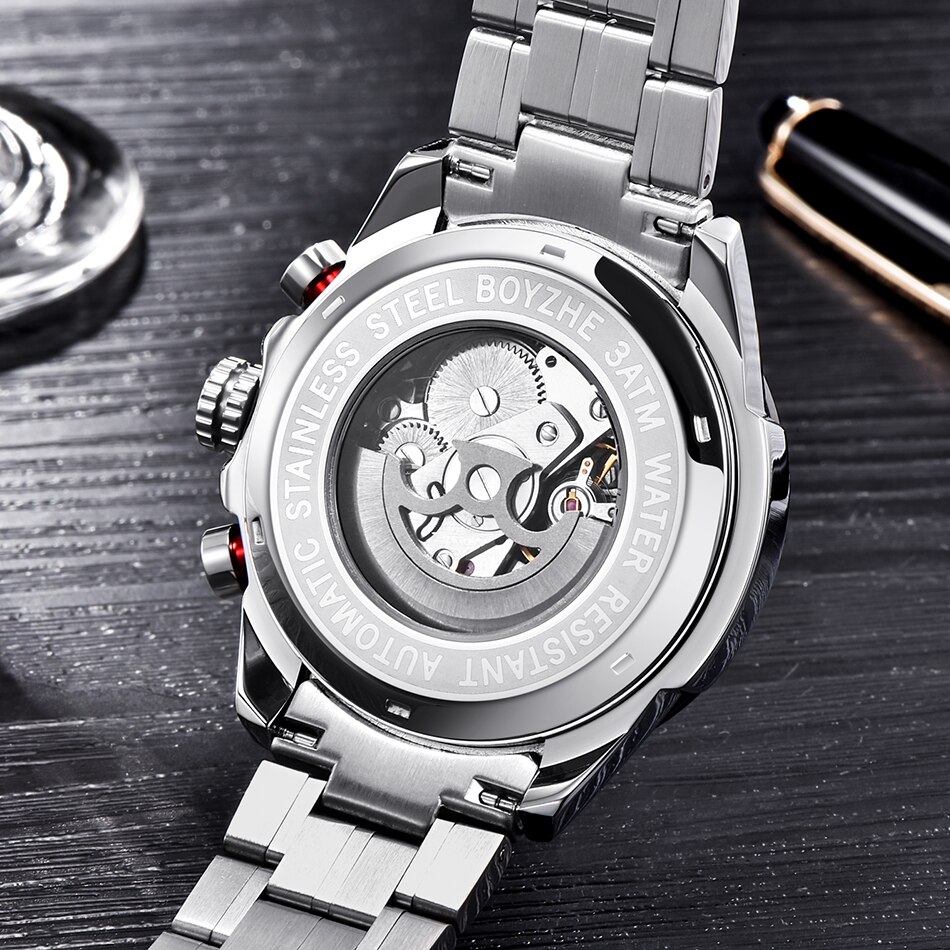 BOYZHE Sport Automatische Uhr Männer Edelstahl Chronograph Herren Mechanische Uhren Auto Datum Luxus montre homme