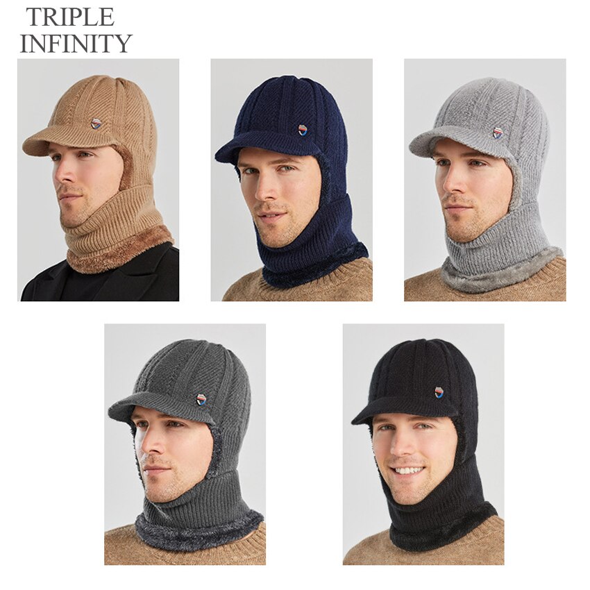 TRIPLE INFINITY Winter Men Knitted Hat Thick Windproof Dust-proof Sun Visor Hats Outdoor Cycling Warm Bonnet Male Baseball Cap