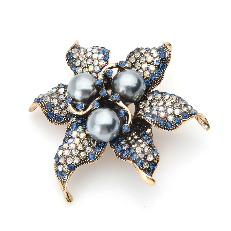 Wuli&baby Grey Pearl Flower Brooches Women Alloy Blue Rhinestone Flower Weddings Banquet Brooch Pins Year