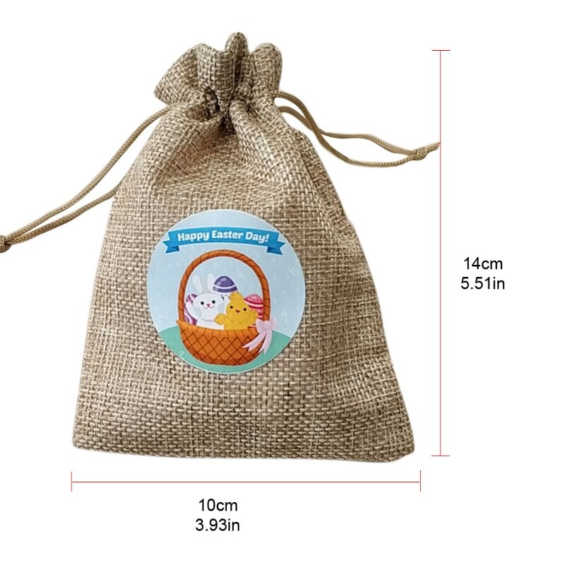 10 Pcs Easter Burlap Goody Bags Cute Sticker Treat Drawstring Linen Bags 63HC