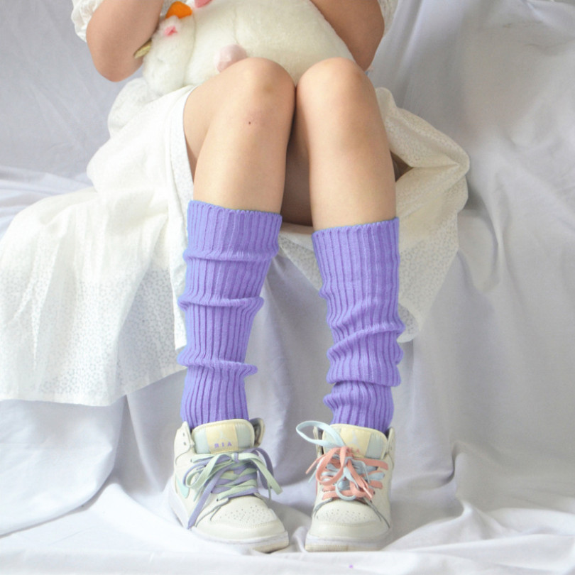 Calentadores de piernas para niña, calentadores de lana con bola tejida para pies, para otoño e invierno, para mujer, estilo japonés: Lavanda