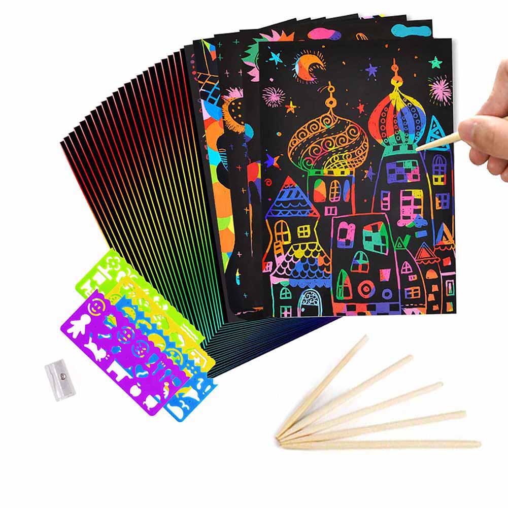 50 Vellen Magic Kleur Rainbow Scratch Art Paper Card Set Met Graffiti Stencil Voor Tekening Stok Diy Schilderij Speelgoed Kids
