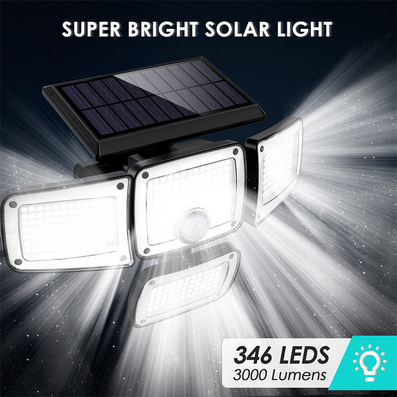 Solar buitenverlichting met 346/342 led's en 4 koppen, inclusief bewegingssensor, breedstralende beveiligingsschijnwerpers voor buiten, tuin, garage en parkeerplaats.