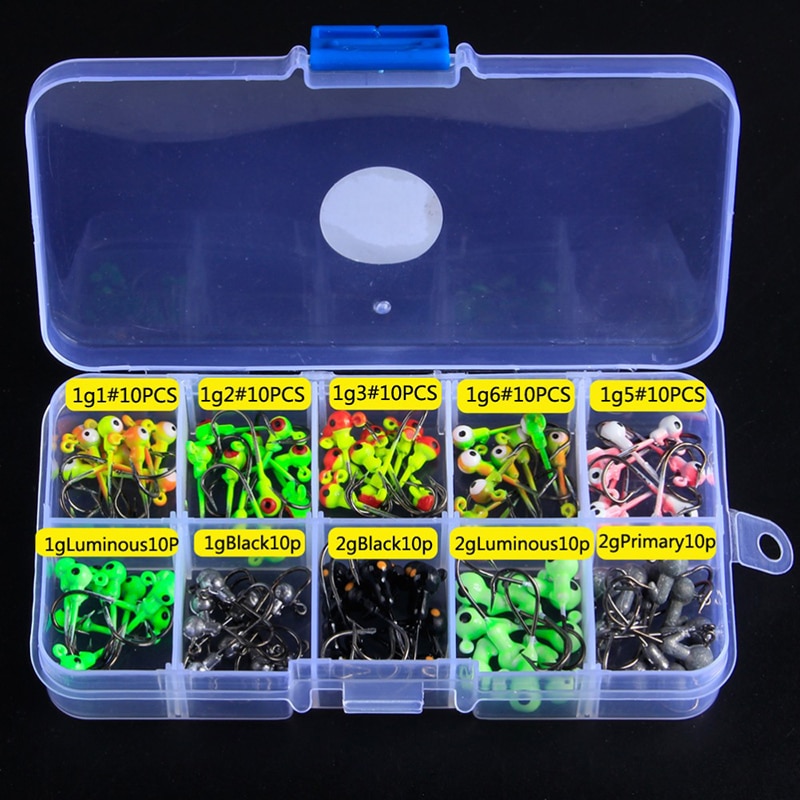 100 Stks/doos 1G/2G Multicolor Lood Hoofd Jigs Met Enkele Haak Vishaken Set Pesca Vissen Accessoires Maggot grub Zachte Lokken