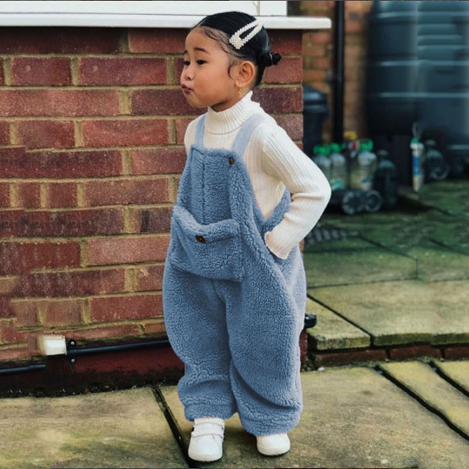 Toddler Infant Kids Baby Girl Boys Solid Colors Plush Flannel Suspender Pants Overalls Warm Winter Loose Bodysuit#p4