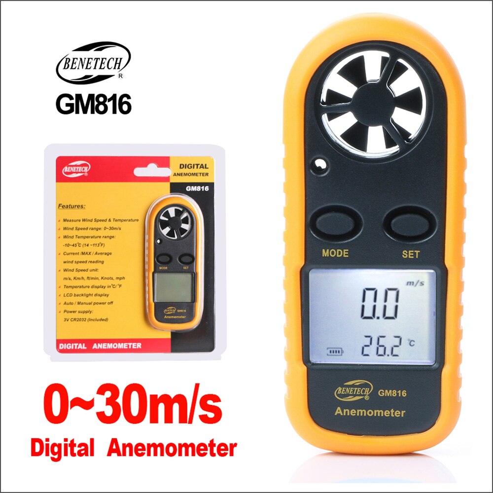 Bentech Anemometer Digitale Wind Meter Mini Draagbare Thermometer Anemometro Windmeter GM816 30 M/s Anemometer Sensor