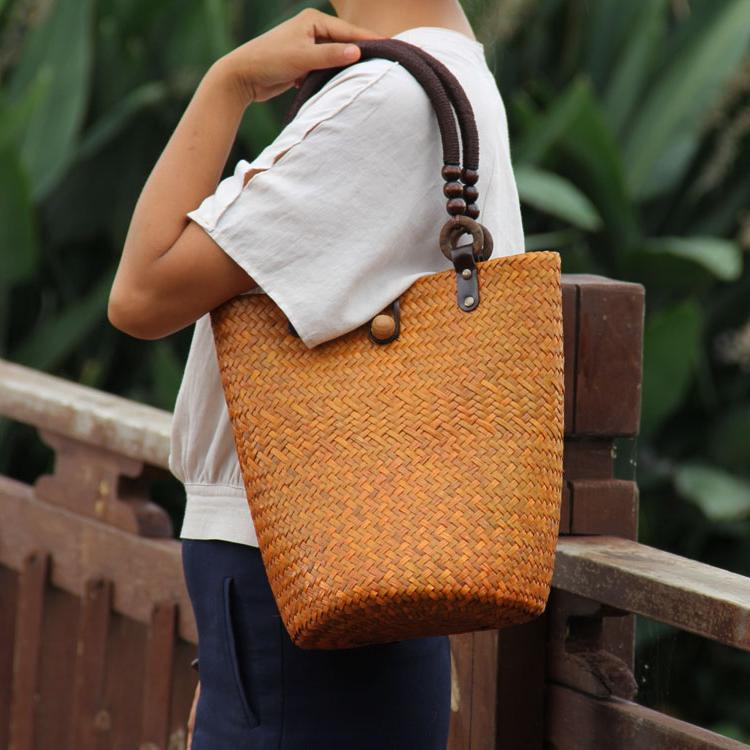 22 Stijl Strozak Rotan Houten Handvat Retro Geweven Zak Emmer Zak Grote Strand Tas: C016 glod
