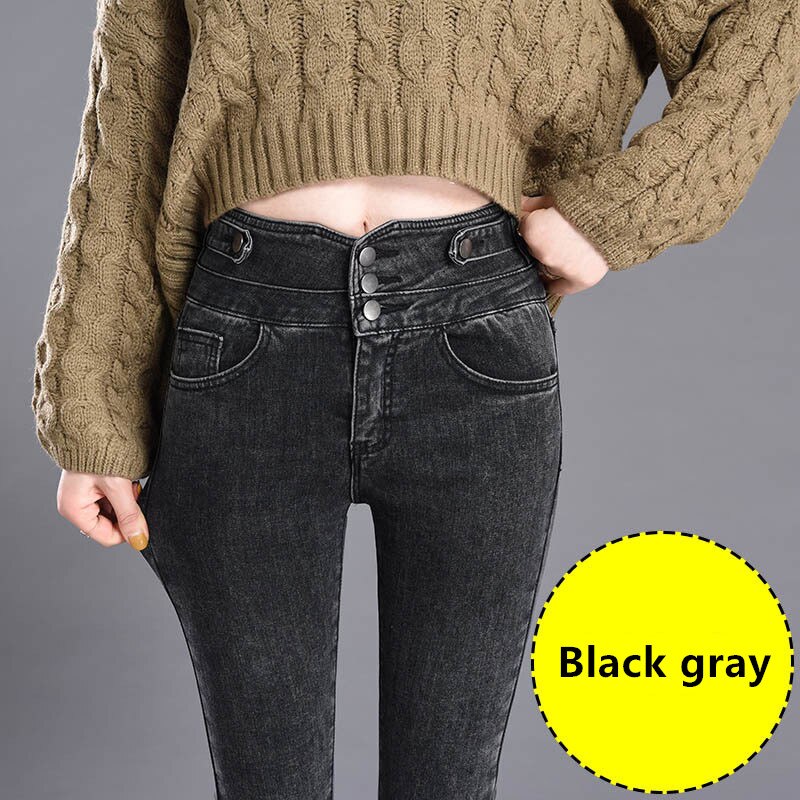 Elastische taille drierijige jeans dames hoge taille skinny koreaanse denim potloodbroek stretch jeans plus size: Zwart grijs / 29