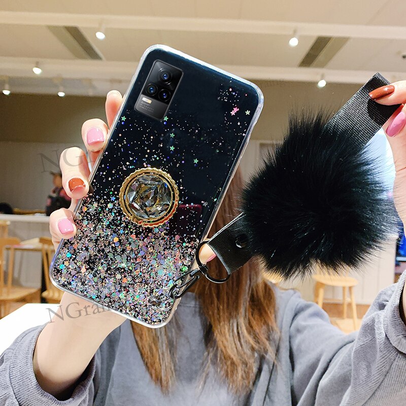 Handphone caso para vivo v21e macio tpu luxo strass anel titular hariball com alça: Preto