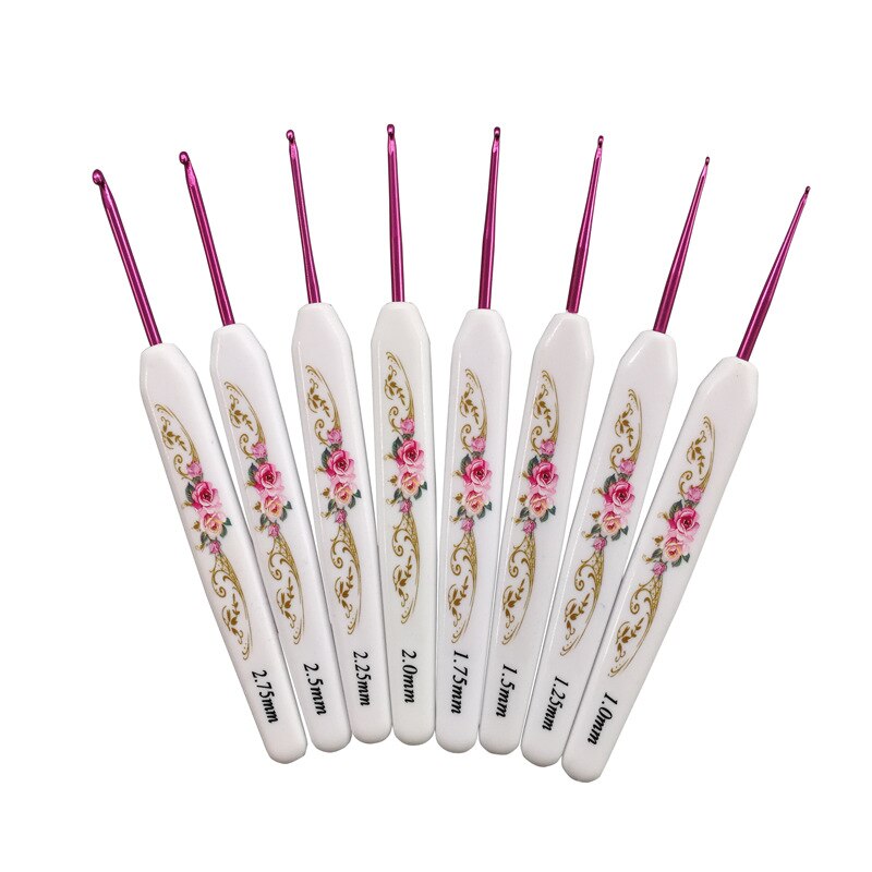 8pcs/set Rose Red Crochet Hook Sewing Needle plastic handle aluminum knitting tool printed flower needle for DIY with bag