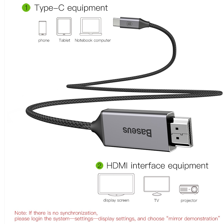 Baseus Usb C Hdmi Kabel 4K 60Hz Type C Naar Hdmi Extension Adapter Kabel Voor Huawei P30 P40 pro Samsung S20 S10 S9 Oneplus 7