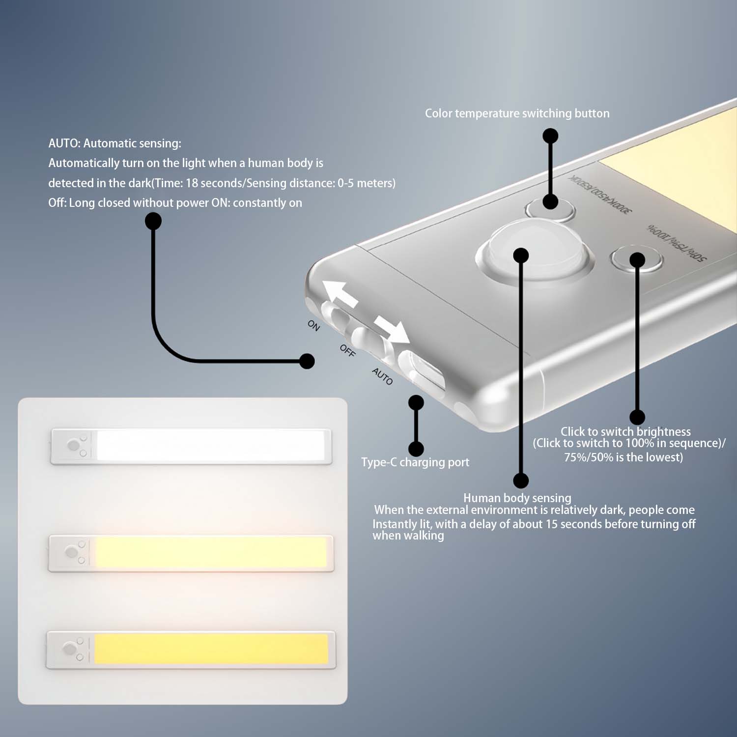 Luz LED para armario, lámpara Led con Sensor de movimiento recargable por USB tipo C para iluminación de armario de cocina, 25cm/30cm