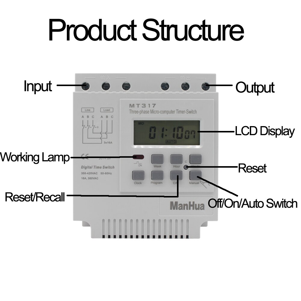 ManHua MT317 380V 16A LCD digital multi-purpose three-phase 7 Days programmable control power timing switch motor timer
