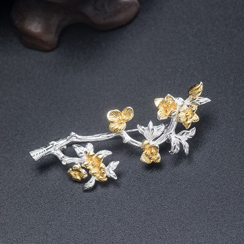 S925 sterling silver retro peach blossom brooch feminine temperament elegant ethnic style sweater dress pin