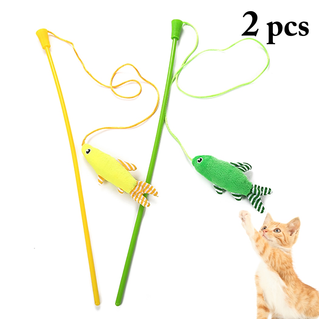 2pcs Cute Cartoon Fish Plush Cat Teaser Toys Kitten Funny Cat Teaser Wand Toys Pet Cat Toys Interactive Stick Pet Cat Supplies