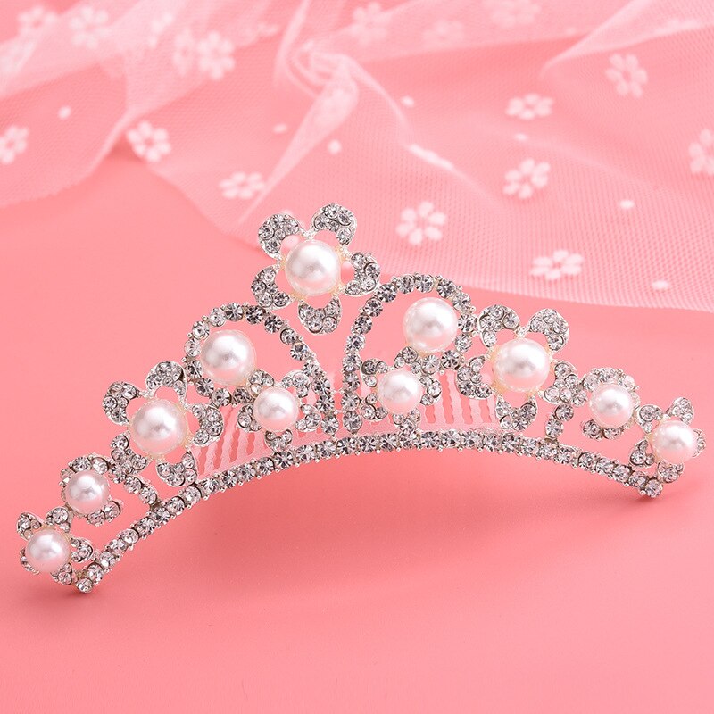 Princess Crystal Pearl Crown Bridal Tiaras Rhinestone Pageant Diadem Kid Girls Bride Headband Wedding Party Hair Accessories: B