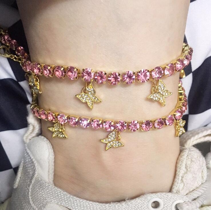 Stainless Steel Shining Rhinestone Ankle Chain Butterflies Pendant Anklet for Women Foot Jewelry Luxury Simple