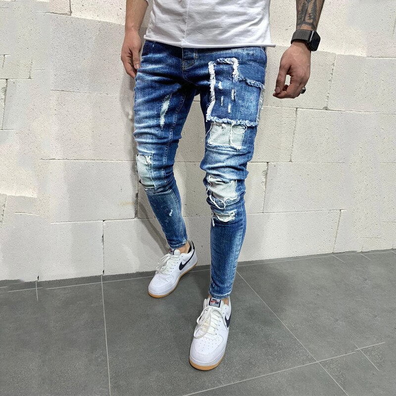 European size men's ripped slim patch jeans men's casual pants