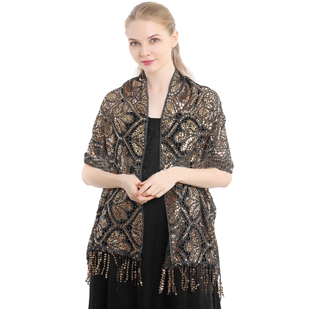 Scialle di pizzo con paillettes vuote da sposa da donna di lusso avvolgere il partito femminile lucido luccichio stola sciarpa da ballo con nappa