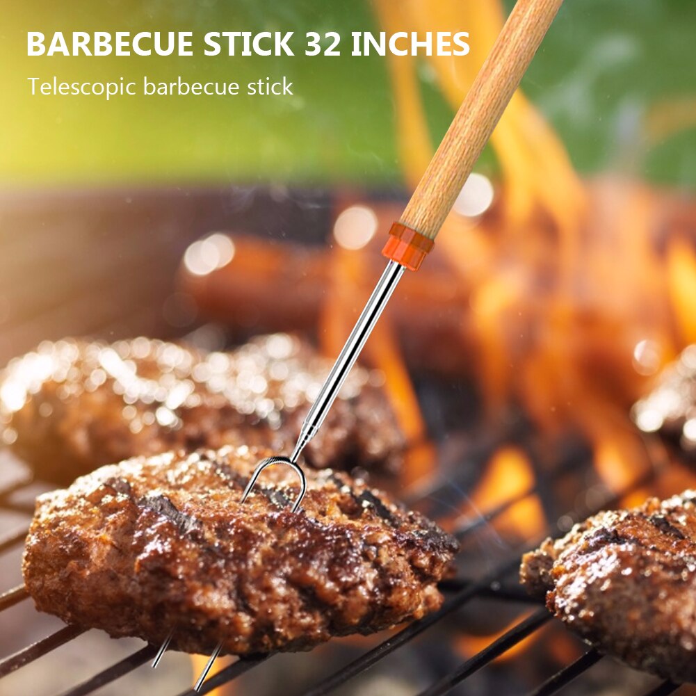 Juego de 8 Uds de palos BQ de acero inoxidable de 32 pulgadas con bolsa de tela, mango de madera, palos de asado telescópicos, herramienta de Picnic para barbacoa de Camping