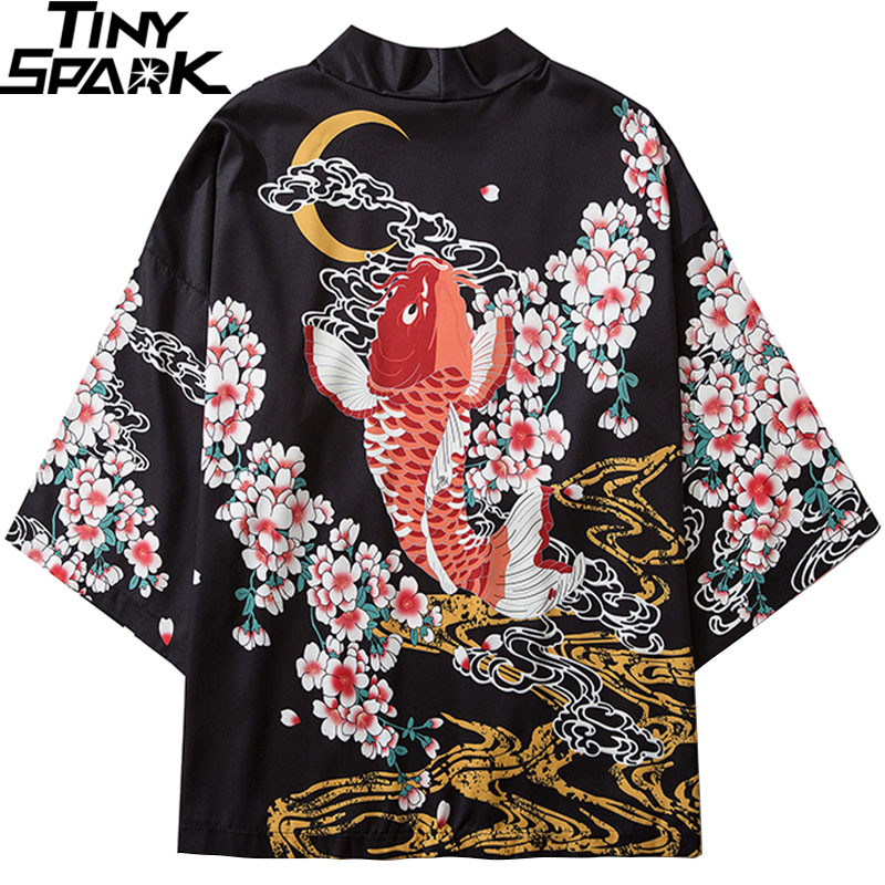 Harajuku japonais Kimono veste Koi poisson imprimé Hip Hop hommes japon Style Streetwear veste été mince vêtements Kimono ample
