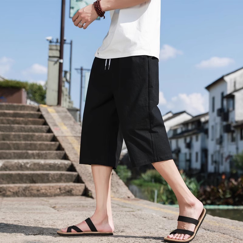 pantalon court en lin été coton couleur unie Shorts grands Shorts légers hommes Shorts de plage pour hommes pantalons de survêtement respirants: 5XL / Beige