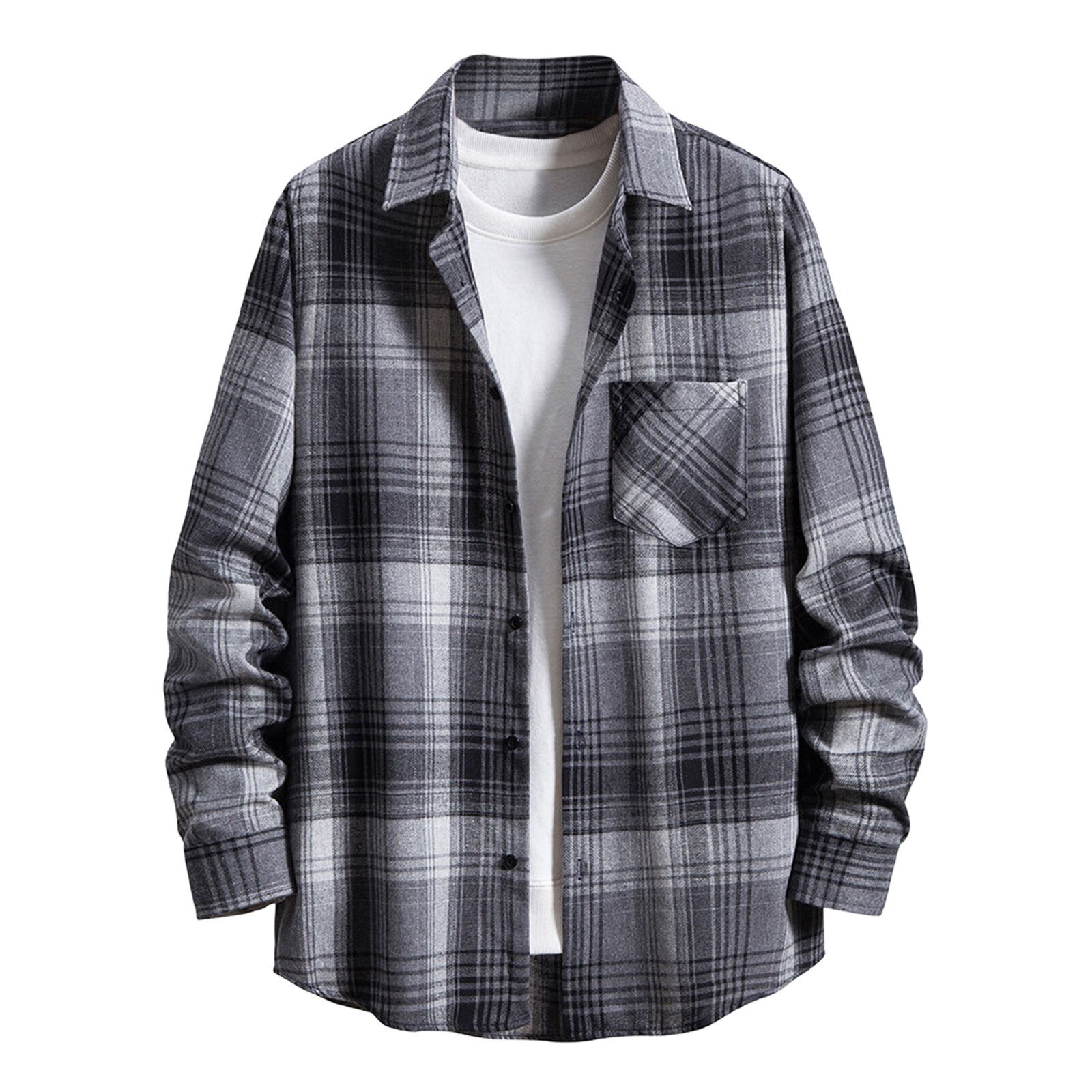 Camisa informal a cuadros para hombre, abrigo Vintage de manga larga con botones y cuello de solapa, con bolsillo, ropa de calle Retro, para otoño