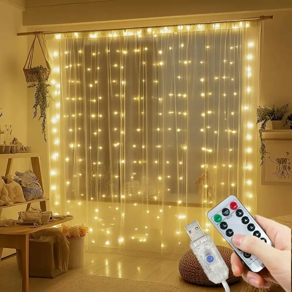 Guirnalda de luces LED para cortina, decoración USB de 3/4/6M, guirnalda navideña, lámpara de hadas, 8 modos para el hogar, jardín, de Navidad, decoración de boda