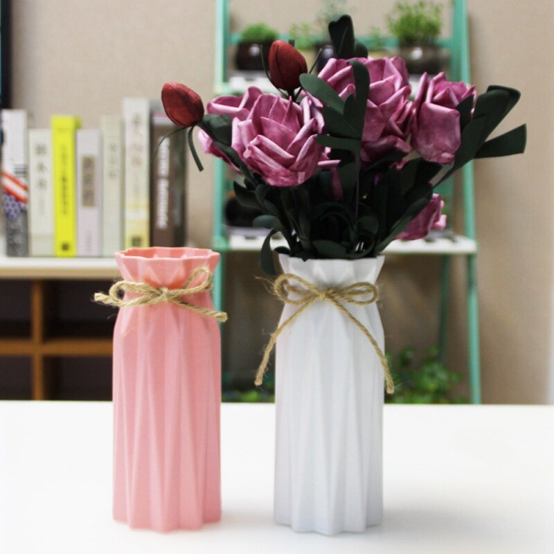 Bureau vaas van pe-kunststof met touw, draagbare houder voor gedroogde bloemen voor op het bureau, blauw, roze, wit, paars.