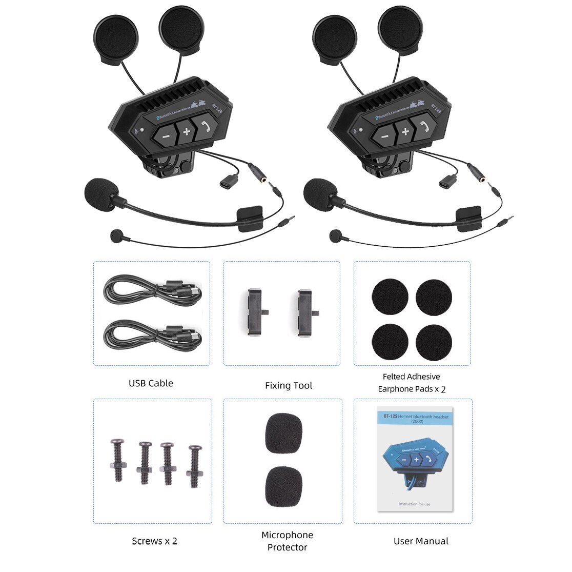 BT-12B Motorcycle Helmet Intercom Bluetooth5.0+EDR-compatible Headset Noise Reduction USB charging One Drag Two Function: 2 set