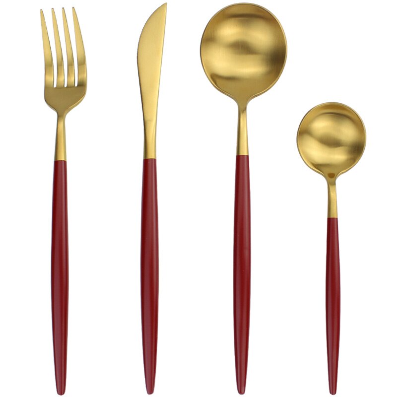 Lucf Populaire Rvs Westerse Bestek Kleurrijke Spiegel 4 In 1 Set Dikker Materiaal Gebruiksvoorwerpen Servies Set Voor Restaurant: 3292 Gold Red