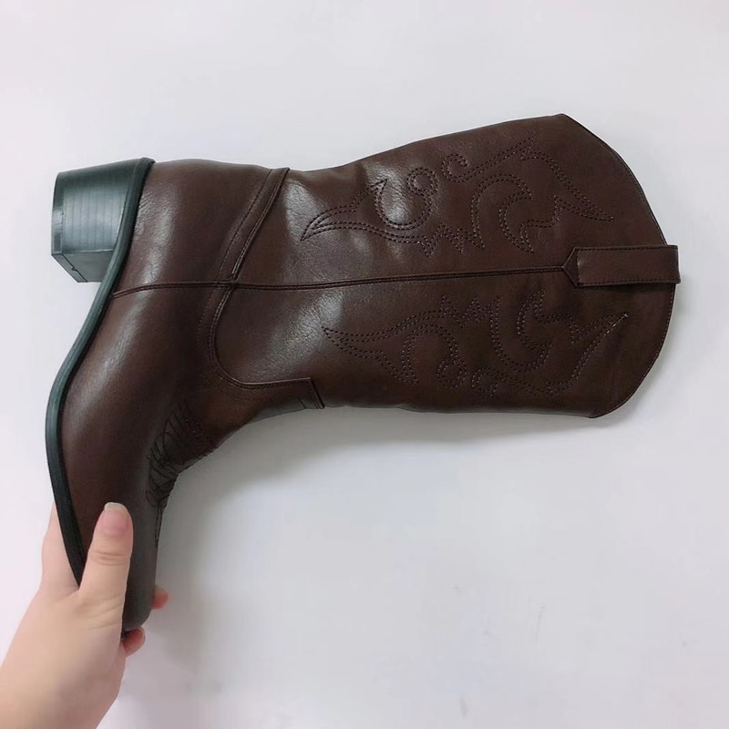 Spetsad tå western cowgirl boots vinter varma cowboy boots skor dam botas mujer svart ,brun plus storlek 41