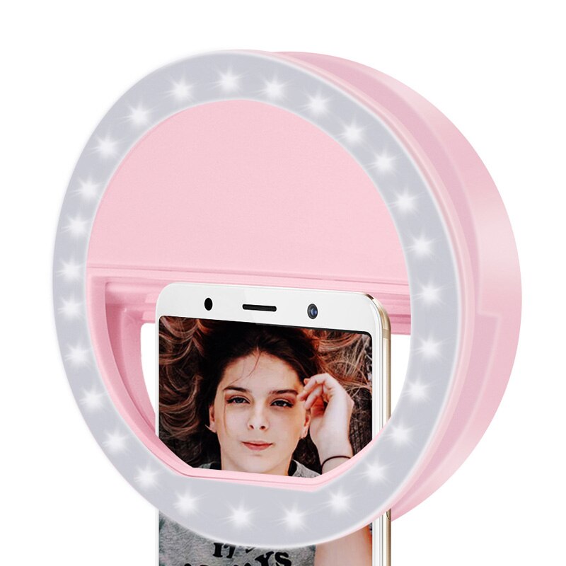 Mobiltelefon lys klip selfie led auto flash til mobiltelefon smartphone rund bærbar selfie lommelygte makeup spejl 1pc: Lyserød